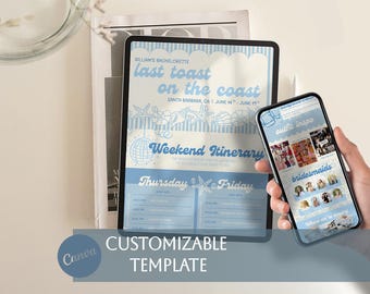 Last Toast on the Coast Beach Bachelorette Editable Template | Cute Customizable Canva Planner
