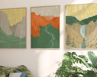 National Park Wall Art Set, Yosemite Yellowstone Zion Prints, Vintage Travel Poster Style (Download)