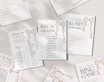Neutral Bridal Shower Games Bundle, Minimalist Bow Design, Elegant Party Printables (Instant Download)