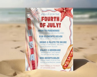 4th of July Beach Invitation Template,  Fun Patriotic Canva Invitation, Summer BBQ Editable Invite 5x7