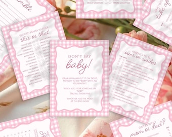 Pink Gingham Baby Shower Games Bundle (8 Pack) (Instant Download)