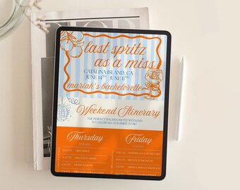 Last Spritz as a Miss Itinerary Template | Coastal Italian Bach Editable Canva Template