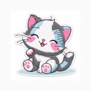 Süßer Kitty Aufnäher – Bügelbild Kawaii Katze – Patch in Pink und Blau