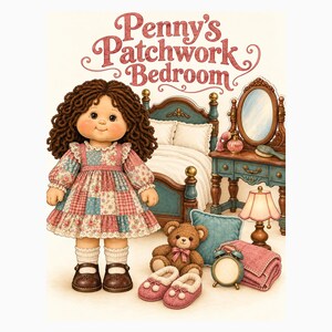 Penny’s Patchwork Bedroom Printable Paper Doll Playset, Vintage Cottagecore Bedroom Furniture and Accessories, PNG Kit