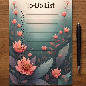 Op de afbeelding: Een bloemrijke To-Do List-notitieblok met een zwarte pen op een houten oppervlak. Het notitieblok heeft een teal en groene achtergrond met roze bloemen en bladeren. De woorden "To-Do List" staan bovenaan.