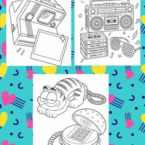 May include: Black and white line art illustrations of retro items. Includes a vintage instant camera with a photo, a boombox with cassette tapes labeled "80's Hits", and a burger-shaped telephone with Garfield.