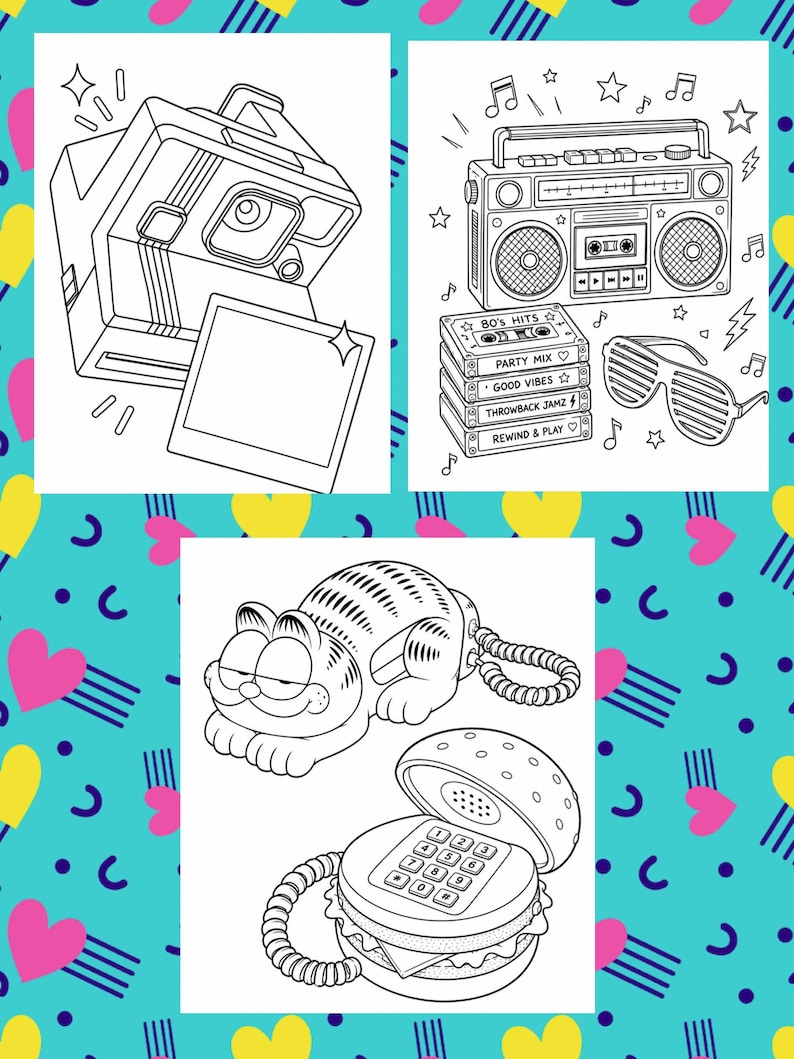 May include: Black and white line art illustrations of retro items. Includes a vintage instant camera with a photo, a boombox with cassette tapes labeled "80's Hits", and a burger-shaped telephone with Garfield.
