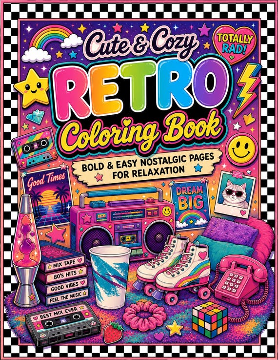 Retro 80s 90s Nostalgic Coloring Book | Bold Easy Relaxing Pages