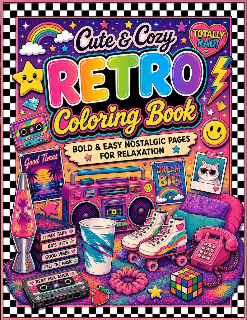 May include: A colorful illustration of a retro coloring book with the title "Cute & Cozy RETRO Coloring Book." The image features a boombox, roller skates, a lava lamp, and a telephone, all in vibrant colors. The text includes "Bold & Easy Nostalgic Pages for Relaxation."