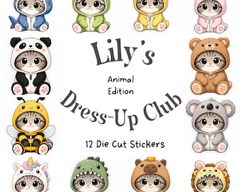 Lily’s Dress-Up Club Animal Edition | 12 Cute Cat Die Cut Stickers | Kawaii Animal Onesie Stickers | Planner Journal Scrapbook