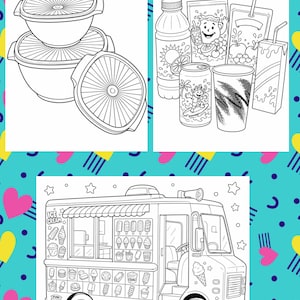 May include: Black and white line art of three food storage containers with lids, various beverages, and an ice cream truck. The ice cream truck has a window displaying ice cream treats and the text "ICE CREAM".