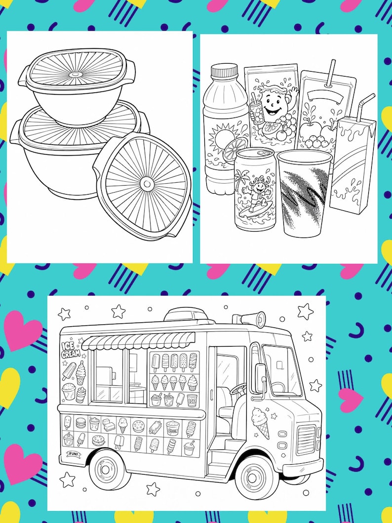 May include: Black and white line art of three food storage containers with lids, various beverages, and an ice cream truck. The ice cream truck has a window displaying ice cream treats and the text "ICE CREAM".