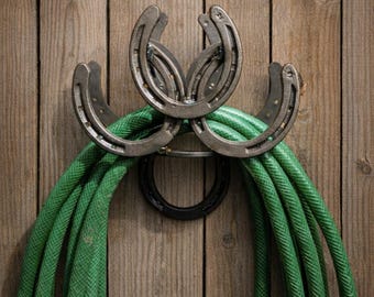 Support de tuyau en fer à cheval rustique - Organiseur de jardin mural - Décoration métallique de ferme occidentale