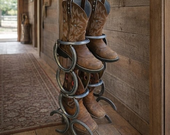 Porte-bottes en fer à cheval fait main - Porte-bottes de cowboy rustique - Organisateur d'entrée western - Décoration de ferme