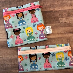 Reusable washable zipper snack and sandwich bag wet bag eco bag water resistant blue princess print