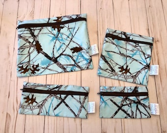 Reusable washable zipper snack and sandwich bag wet bag eco bag water resistant Teal Aqua Woodland Camo Print