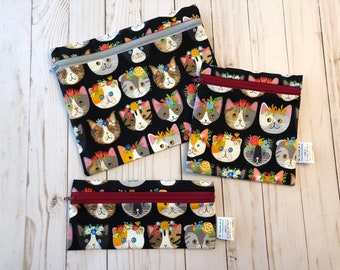 Reusable washable zipper snack and sandwich bag wet bag eco bag waterproof Cat print