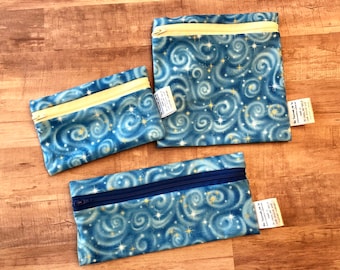 Reusable washable zipper snack and sandwich bag wet bag eco bag water resistant blue stars print