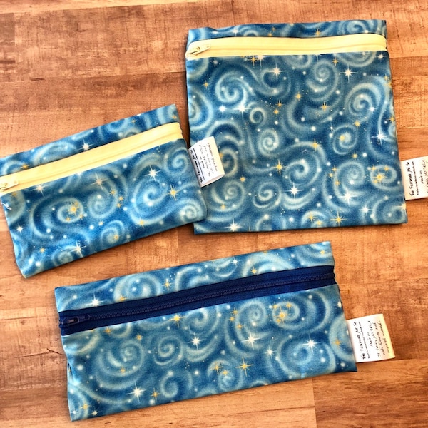 Reusable washable zipper snack and sandwich bag wet bag eco bag water resistant blue stars print