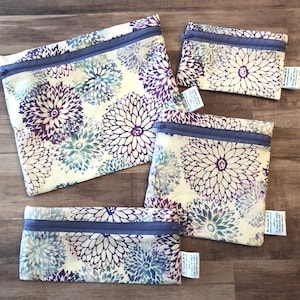 Wiederverwendbarer waschbarer Reißverschluss Snack- und belegte Brottasche Nasstasche Ökotasche wasserabweisend lila Batikprint