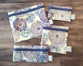 Reusable washable zipper snack and sandwich bag wet bag eco bag water resistant purple batik print