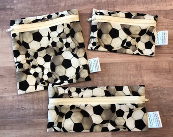 Reusable washable zipper snack and sandwich bag wet bag eco bag water resistant soccer ball print