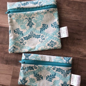Reusable washable zipper snack and sandwich bag wet bag eco bag water resistant teal scroll print