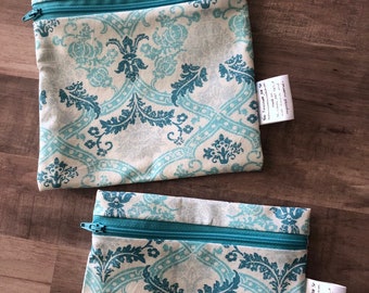 Reusable washable zipper snack and sandwich bag wet bag eco bag water resistant teal scroll print