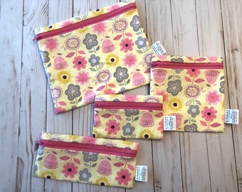 Reusable washable zipper snack and sandwich bag wet bag eco bag waterproof yellow floral print