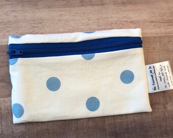 Reusable washable zipper snack and sandwich bag wet bag eco bag water resistant blue dot print