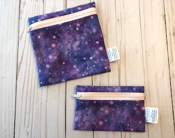 Reusable washable zipper snack and sandwich bag wet bag eco bag water resistant purple star print