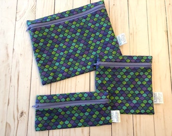Reusable washable zipper snack and sandwich bag wet bag eco bag water resistant purple scales print