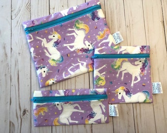 Reusable washable zipper snack and sandwich bag wet bag eco bag water resistant purple unicorn print