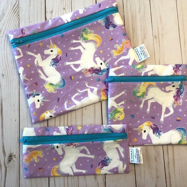 Reusable washable zipper snack and sandwich bag wet bag eco bag water resistant purple unicorn print