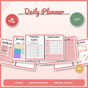 Peut inclure: Un ensemble de 10 pages de planificateur quotidien comprenant un suivi des médicaments, un suivi des habitudes, une liste de tâches et un tableau de récompenses. Les pages sont roses avec du texte noir, incluant Daily Planner et Mental Health.