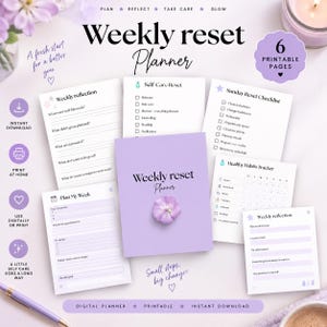 Peut inclure: Un ensemble de six pages imprimables pour un Weekly Reset Planner, avec une couverture centrale violette ornée d'une fleur. Les pages comprennent des listes de contrôle pour les soins personnels, le dimanche, les habitudes et la réflexion.