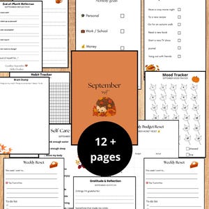 Könnte beinhalten: Ein digitales September-Bullet-Journal-Set mit über 12 Seiten, darunter monatliche Zielvorgaben, Gewohnheits-Tracker, ein Stimmungs-Tracker mit Blattsymbolen, Dankbarkeitsreflexionen und wöchentliche Reset-Vorlagen mit herbstlichen Motiven.
