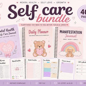 Peut inclure: Un ensemble de soins personnels en téléchargement numérique comprenant trois journaux à spirales intitulés Mental Health & Self-Care Journal, Daily Planner et Manifestation Journal. Les pages incluent des suivis d'humeur et des graphiques pastel.