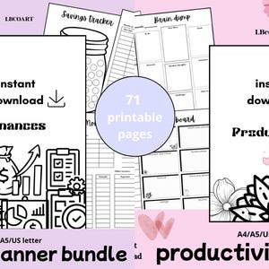 Peut inclure: Un ensemble de planificateurs numériques comprenant 71 pages imprimables aux formats A4, A5 et US Letter. Le lot inclut un planificateur financier avec des icônes de sacs d'argent et un planificateur de productivité avec des motifs floraux.