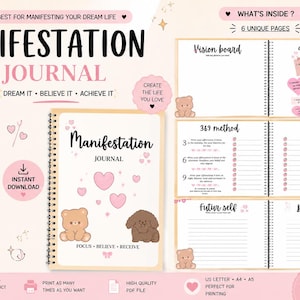 May include: A spiral-bound manifestation journal with a light pink cover featuring a brown bear, a brown dog, and pink hearts. The text reads Manifestation Journal, Focus, Believe, Receive. Six interior pages show sections for a vision board, affirmations, 369 method, goals, future self, and brain dump.