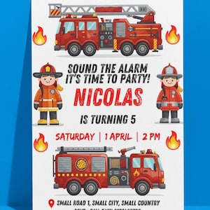 Peut inclure: Une invitation rectangulaire illustrée de deux camions de pompiers rouges, deux pompiers et des flammes. Le texte indique : SOUND THE ALARM IT'S TIME TO PARTY! NICOLAS IS TURNING 5, SATURDAY | 1 APRIL | 2 PM, SMALL ROAD 1, SMALL CITY, SMALL COUNTRY, RSVP : CALL CATH 0123456789.