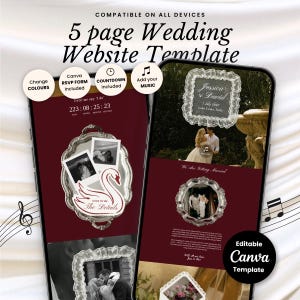 Trouwwebsitesjabloon Canva | Geanimeerde envelop met muziek | Bordeauxrood met witte kant | Bewerkbare digitale trouwwebsite van 5 pagina's | Direct te downloaden