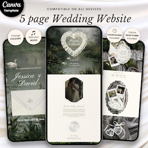 May include: A digital 5-page wedding website template for Canva displayed on three smartphones. The design features a lake scene with swans, a heart-shaped frame, and text including Jessica & David, 26 July 2027, and Villa Balbiano, Lake Como, Italy.