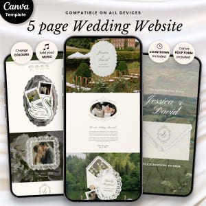 May include: A digital 5-page wedding website template for Canva displayed on three mobile screens. The design features ornate vintage-style frames, swan illustrations, and elegant typography. Text includes "5 page Wedding Website" and "Jessica & David".