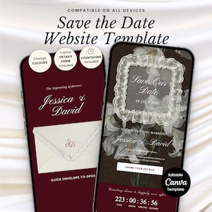 Save the Date Website Template Canva | Burgundy White Lace | Interactive Envelope & Countdown | Built-In Form | Editable | Instant Download