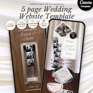 Puede incluir: Una plantilla de sitio web de bodas de 5 páginas para Canva mostrada en dos teléfonos inteligentes. El diseño presenta un fondo de madera, tiras de fotomatón, un icono de disco de vinilo y texto que incluye "Jessica & David" y "Kindly Respond".
