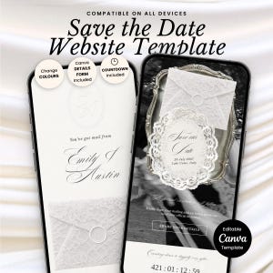 May include: A digital Save the Date website template displayed on two smartphones. The screens show elegant white lace envelope graphics, cursive text reading Emily & Austin, and a countdown timer. Features include editable colors, a details form, and a countdown.