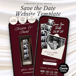 Save the Date Photo Booth Template | Animated Photostrip Reveal | Modern City Wedding Website | Burgundy Editorial Design