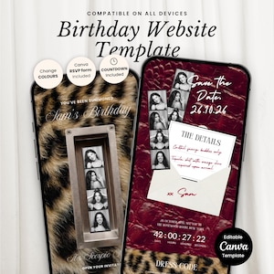 May include: A digital birthday website template displayed on two smartphones. The screens feature text including Birthday Website Template, Sam's Birthday, Save the Date 26.10.26, The Details, and a countdown timer. The designs incorporate leopard print, red textures, and photo strips.