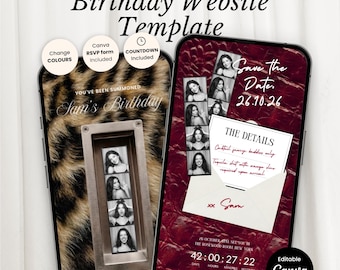 May include: A digital birthday website template displayed on two smartphones. The screens feature text including Birthday Website Template, Sam's Birthday, Save the Date 26.10.26, The Details, and a countdown timer. The designs incorporate leopard print, red textures, and photo strips.